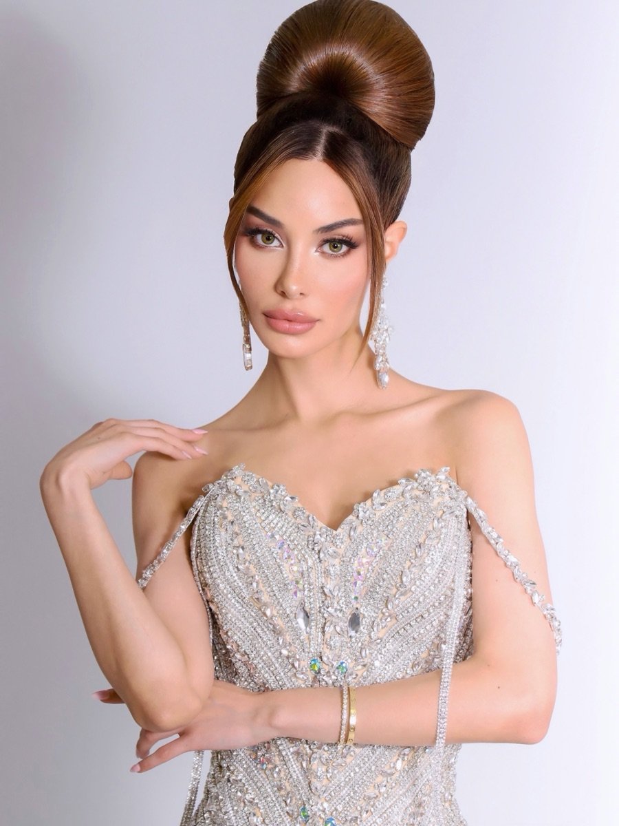 Nathalie in a beaded evening gown